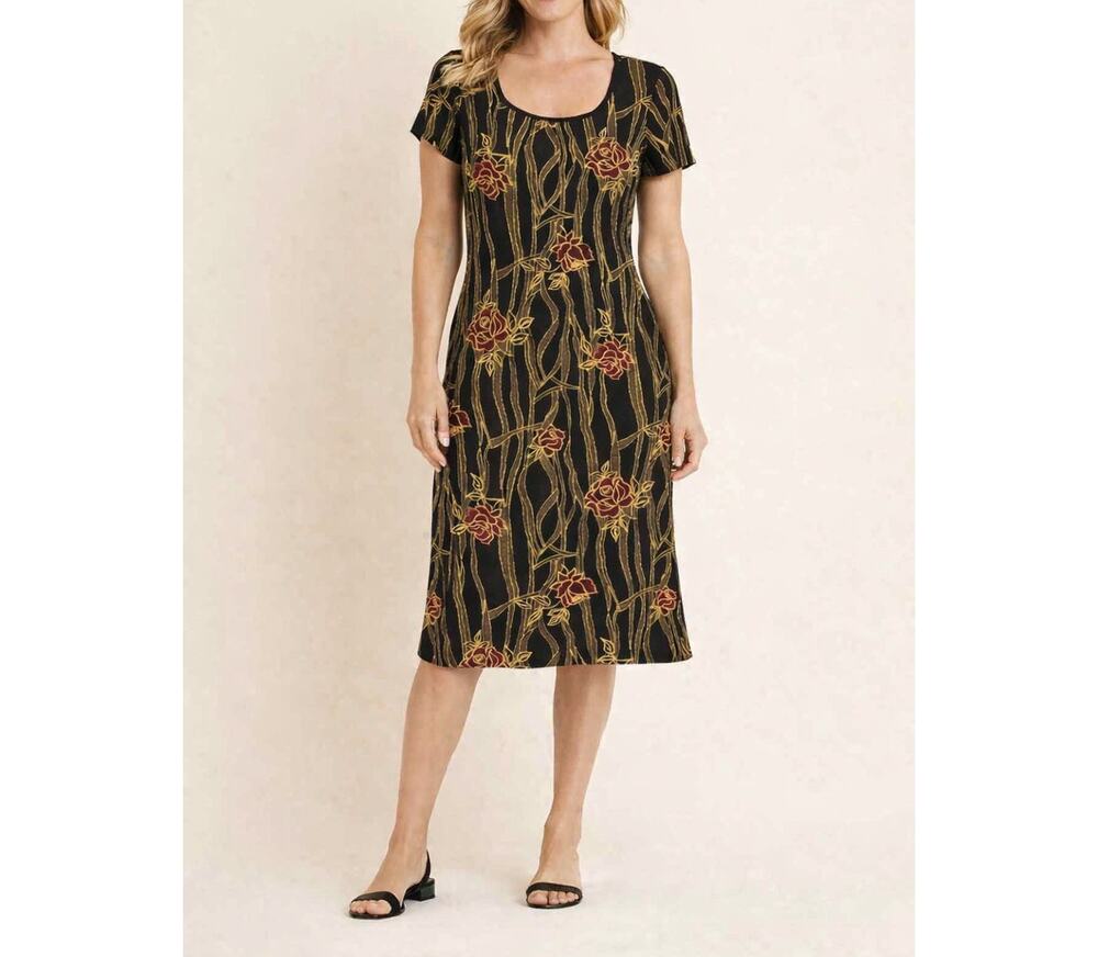 New T & Company Black Floral Short Sleeve Midi Sheath Dress Size 8P Lovely $86
